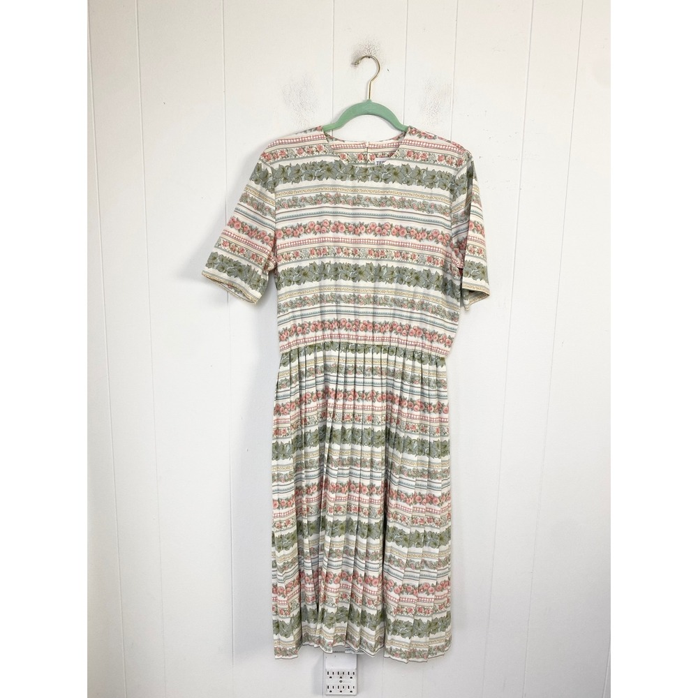 VTG Terri Ellen Womens 12 Floral Stripe Midi Dress Pink Green Cottagecore
